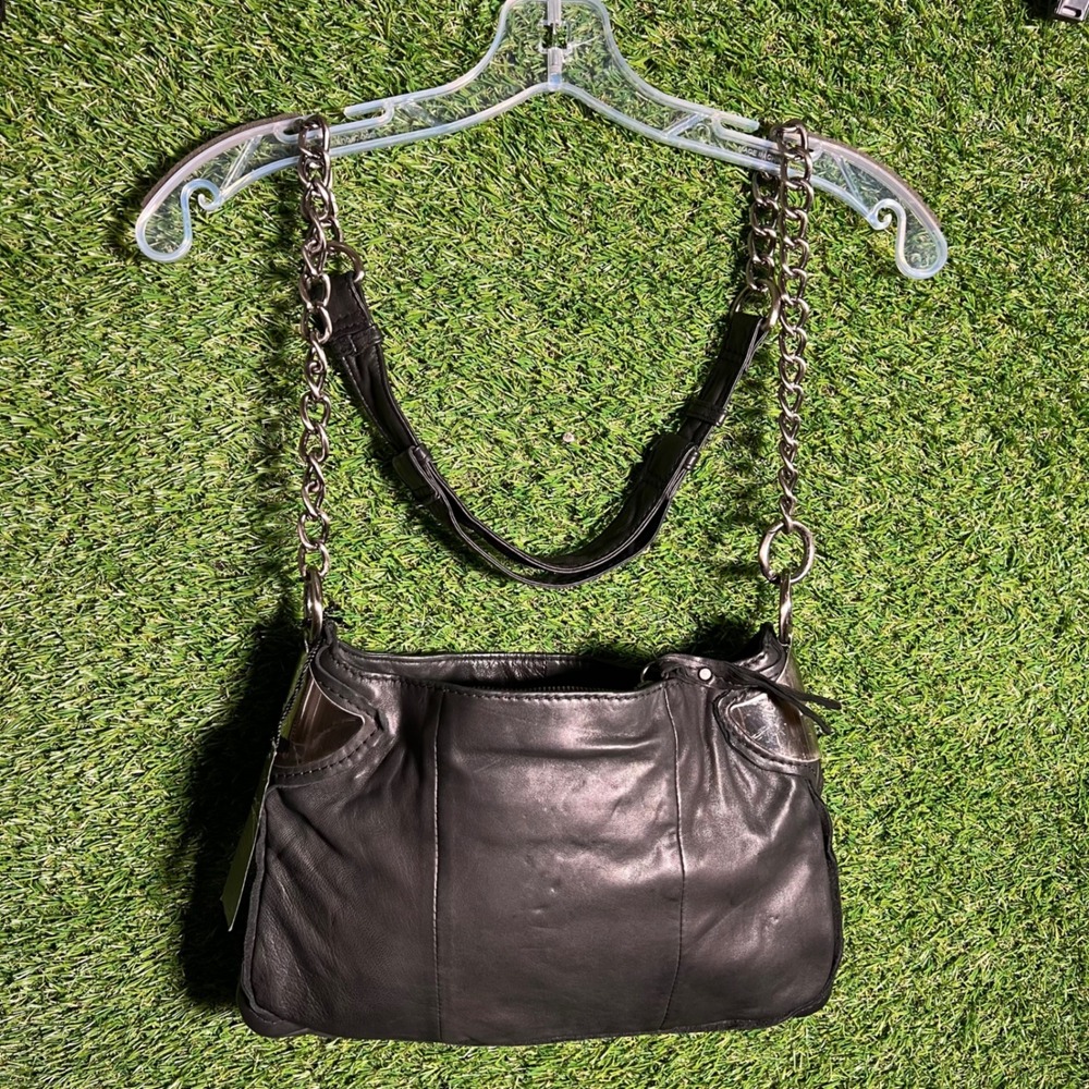 Diesel Black Gold Black Leather Shoulder Bag Silver Chain Strap Logo Hardware